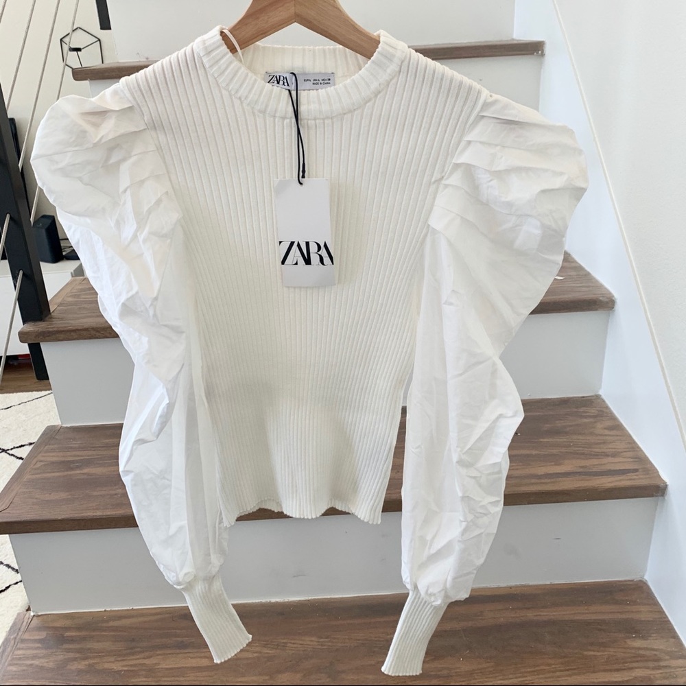 NWT Zara Combination Puff Sleeve Knit Top White - Picture 11 of 11